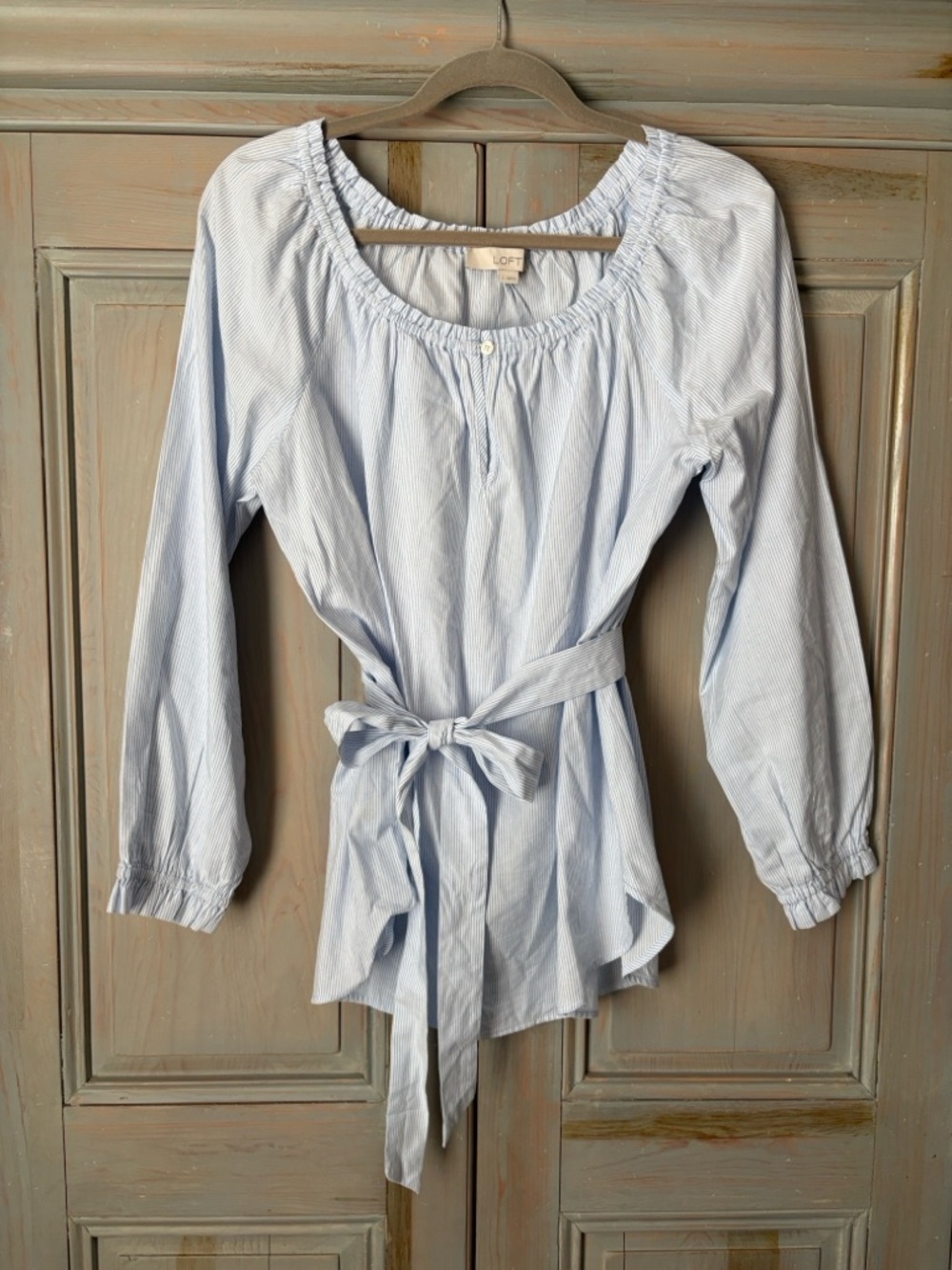LOFT Pale Blue Striped Tie-Waist Peasant Blouse